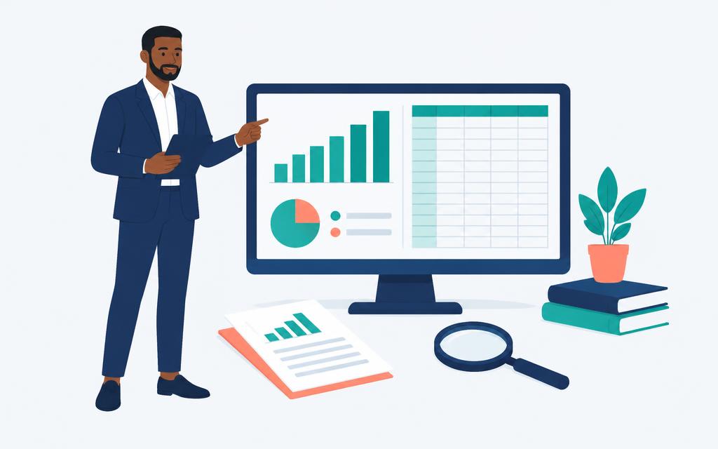 An analyst reviewing a chart and spreadsheet